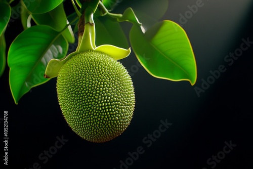 A whole jackfruit hanging from a tree, with its rough, bumpy green skin illuminated by soft sunlight photo