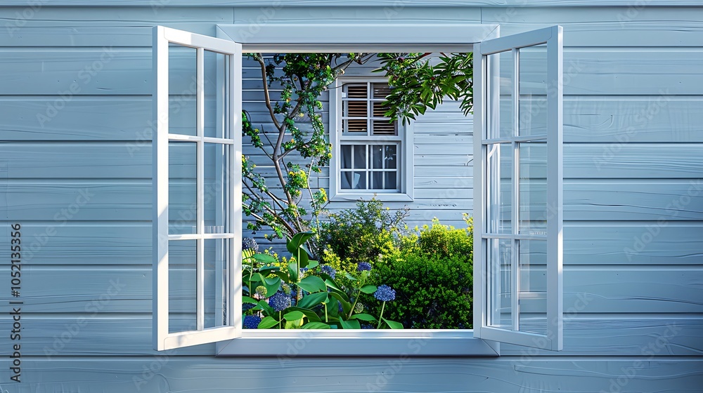 Fototapeta premium Open window of a white house with blue walls, green garden view, street scene, white wooden frame, daylight, photo realistic.