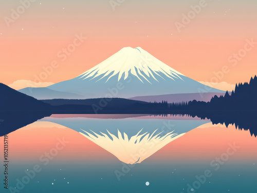 Serene mountain at sunrise with perfect reflection on a tranquil lake.