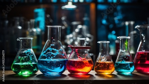 Colorful Laboratory Beakers Filled With Liquids During an Experiment in a Dimly Lit Science Lab