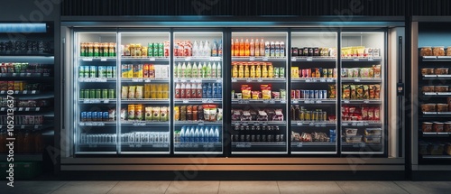 A well-stocked beverage refrigerator showcasing a variety of drinks in a convenience store. Bright lighting highlights colorful packaging.