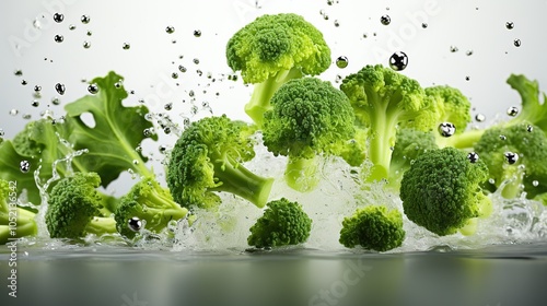 Fresh green broccoli florets splashing in water against a gray background.