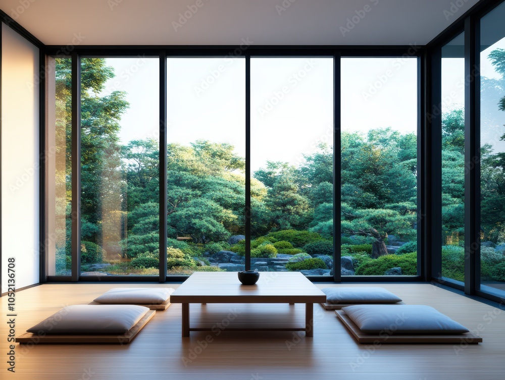 Fototapeta premium A serene room with a view of a lush garden, featuring a minimalist design and cozy seating for relaxation and tranquility.