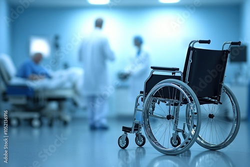 Empty wheelchair in a bright hospital corridor with medical staff in the background photo