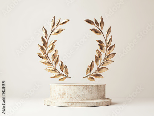 Golden laurel wreath atop a marble pedestal in a minimalist setting.