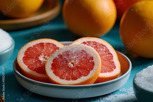 Grapefruit halves with a sprinkle of sugar, ready to be caramelized, displayed on a rustic table photo