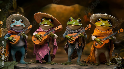 Four Frog Musicians Playing...