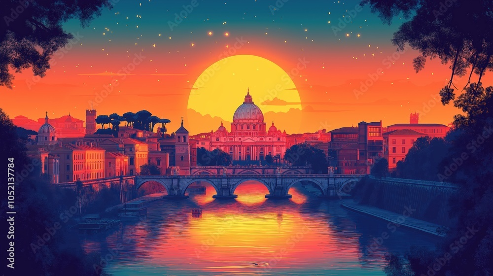 Obraz premium A vibrant sunset over Rome, highlighting the iconic St. Peter's Basilica with glowing, colorful skies