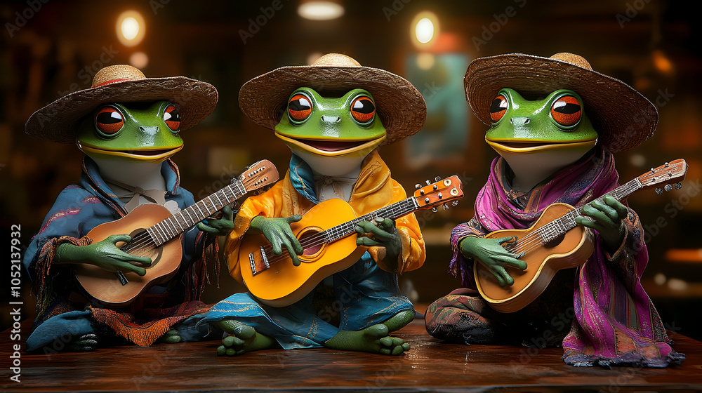 Fototapeta premium Three Frogs Playing Guitars 3D Illustration
