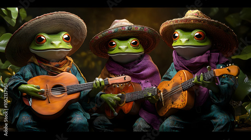 Three Frogs Playing Guitars...