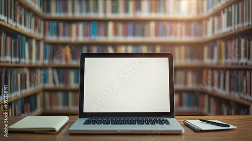 Laptop with a blank screen on a tidy wooden desk next to a notebook and pen, in a simple, well-lit workspace with soft natural light.
