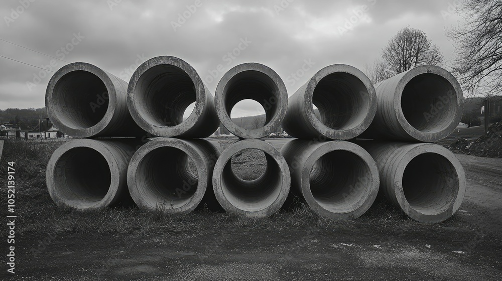 Large concrete pipes arranged on a construction site, highlighting strength, structure, and textured surfaces. Large concrete pipes arranged on a construction site, highlighting strength, structure, and textured surfaces.