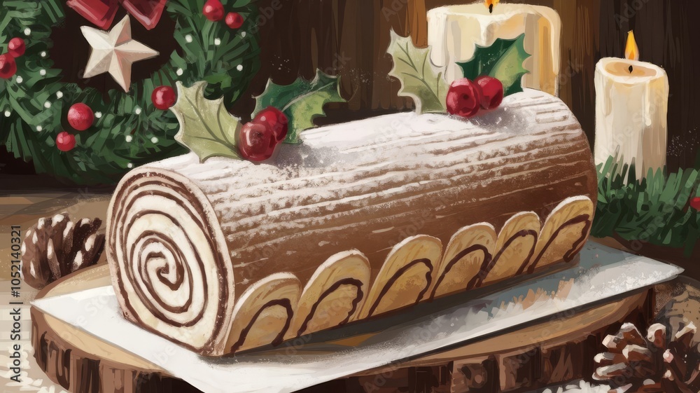 Festive yule log cake adorned with holly and berries surrounded by Christmas decorations