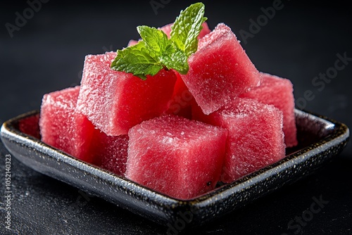 Watermelon cubes in a bowl with a sprinkle of mint, ready to serve as a refreshing summer snack photo