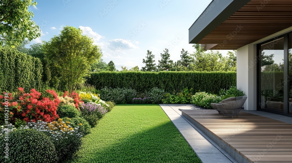 Fototapeta premium Modern house backyard outdoors garden wooden.