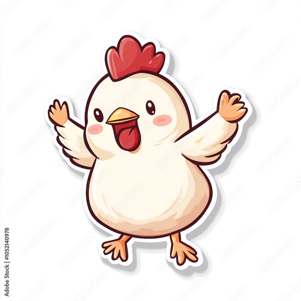 Fototapeta premium A cute cartoon chicken dancing in the air, in a sticker-like style with simple lines. 