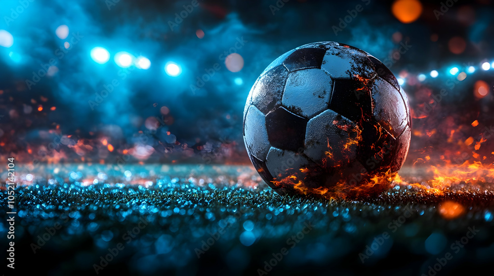 Fototapeta premium Soccer Ball on Fire with Blue Lights Background