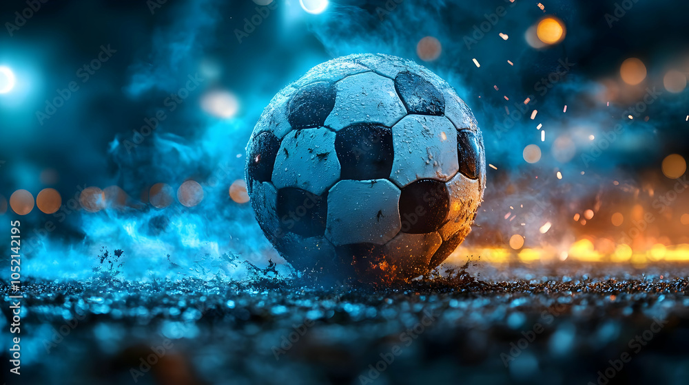 Fototapeta premium Soccer Ball in Smoke and Sparks - Realistic Image