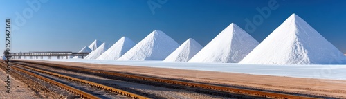 A scenic view of salt pyramids against a clear blue sky, showcasing the unique landscape of salt production and storage.