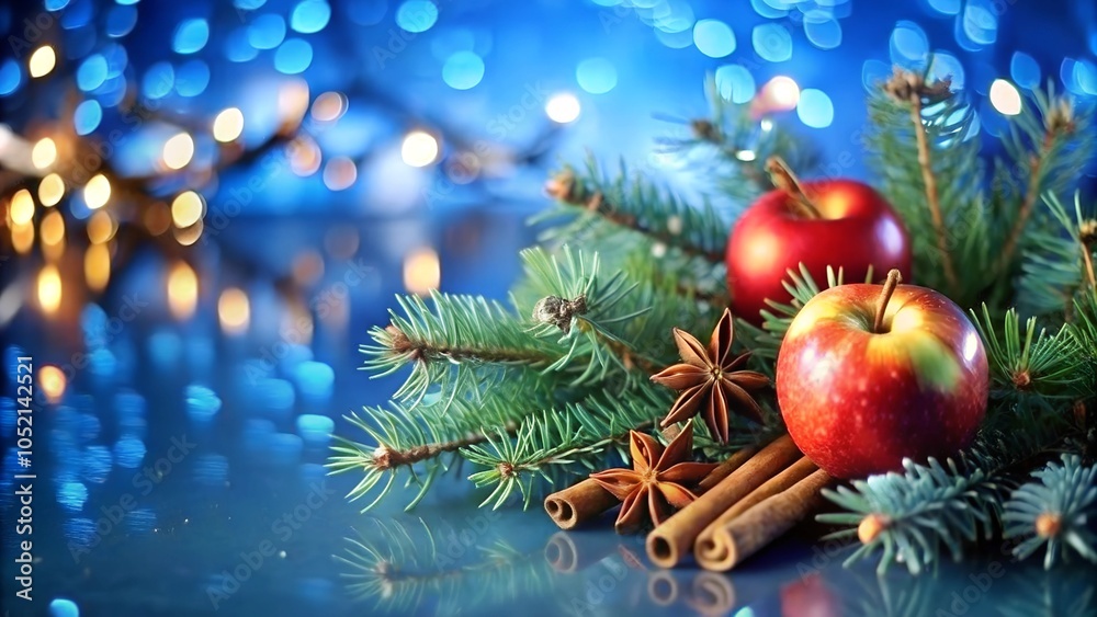 Obraz premium Christmas decorations on blue background. Seasonal winter template for design.