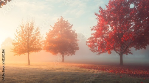 Foggy autumn morning with warm light illuminating red and orange trees