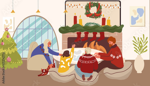 Family playing board game by fireplace at home on Christmas holiday party. Happy people relaxing in living room in winter evening at Xmas eve. Flat vector illustration isolated hand drawn.