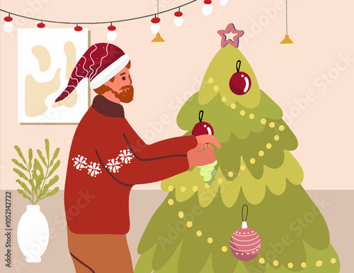 christmas man decorating tree character