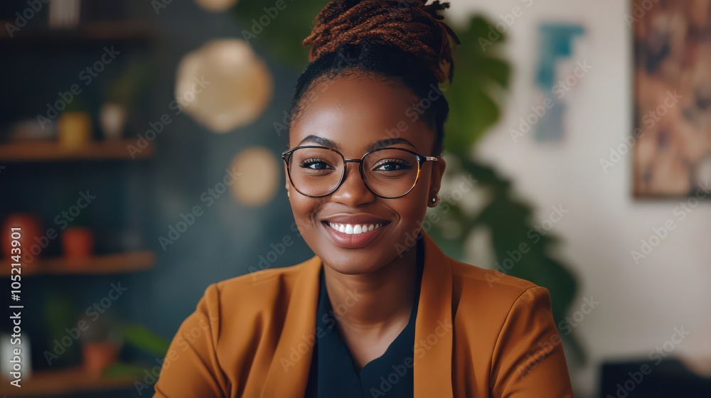 Naklejka premium Confident Woman Smiling in Cozy Workspace