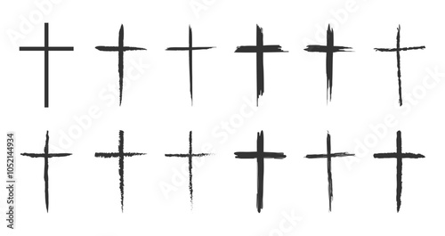 Cross shape set. Painted ink style and grunge drawing. Vector illustration image.