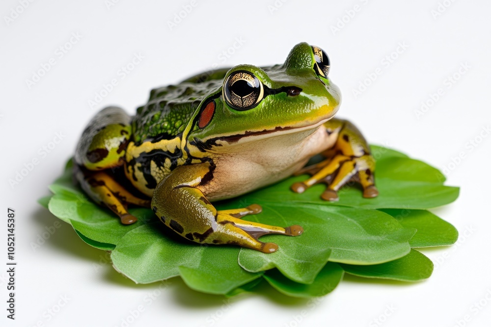Fototapeta premium a 2D cartoon illustration of a frog sitting on a lily pad pond theme white background