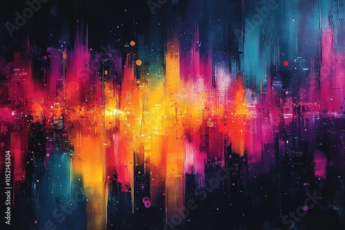 Abstract cityscape with vibrant colors and blurred lights.