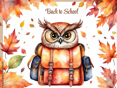 Back to school poster in watercolor decorated with autumn leaves and doodled owl on school backpack. Graphic art illustration poster. photo