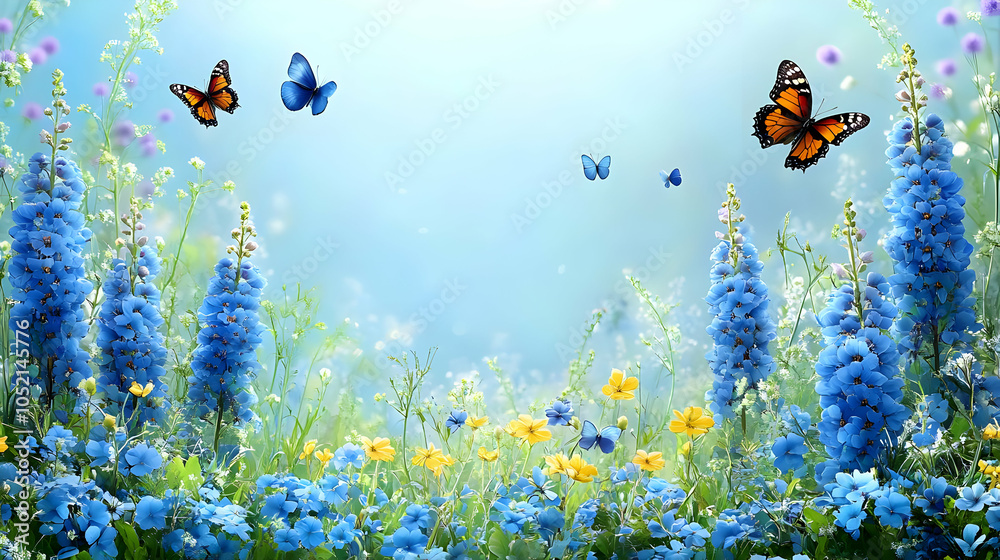 Fototapeta premium Summer Flower Meadow With Blue And Yellow Flowers, Butterflies And Sky Illustration