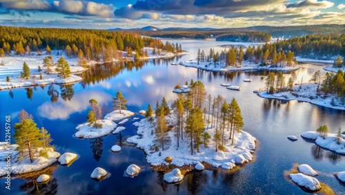 panorama of the bog lake with reflection of trees in water in winter, peaceful snow season landscape , Jokkmokk, Norrbottens laen, Sweden, Europe photo