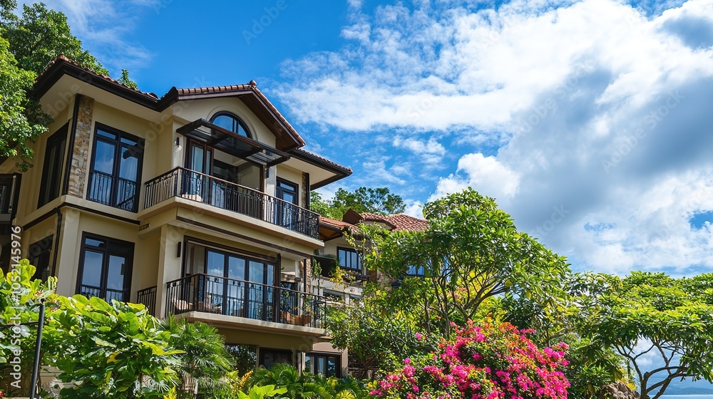 A Majestic Villa Captured from a Low Angle, Showcasing Its Grandeur and Opulence Against a Stunning Seascape, Enhancing the Visual Depth with Clear Blue Skies and Fluffy White Clouds, Perfect for Trav A Majestic Villa Captured from a Low Angle, Showcasing Its Grandeur and Opulence Against a Stunning Seascape, Enhancing the Visual Depth with Clear Blue Skies and Fluffy White Clouds, Perfect for Trav