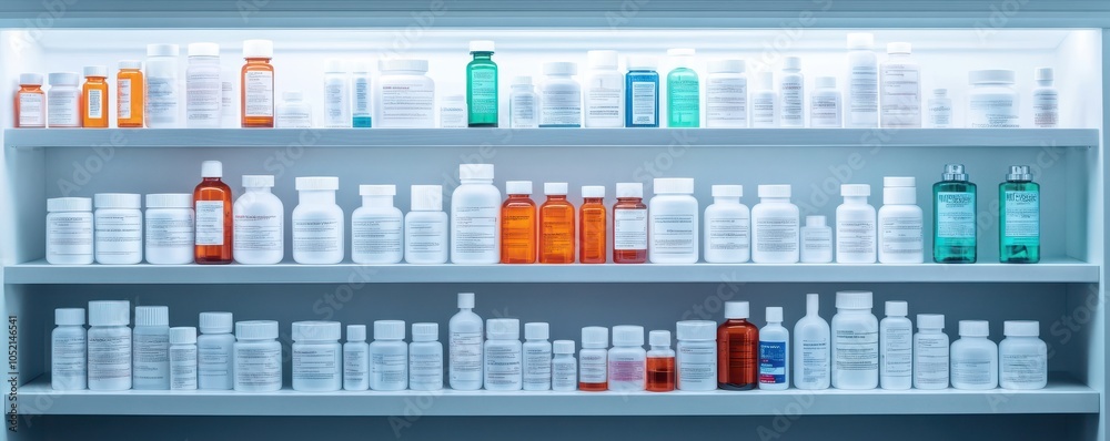 A well-organized shelf displaying various medicine bottles and containers in a pharmacy setting, showcasing modern pharmaceutical design. A well-organized shelf displaying various medicine bottles and containers in a pharmacy setting, showcasing modern pharmaceutical design.