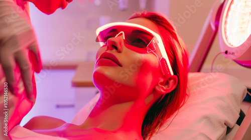 Woman undergoing red light therapy in spa with protective glasses. Beauty and health concept photo