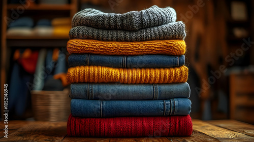Stack of Knitted Sweaters a...