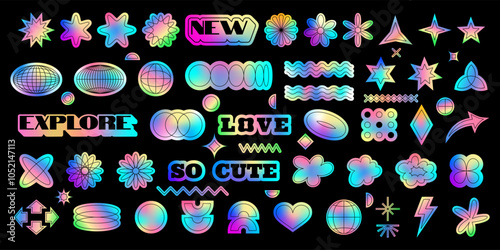 Sticker holo y2k. Metallic hologram, pattern foil pack, futuristic modern star gradient. Doodle stamp icon, shine texture label. Iridescent isolated decorative elements. Vector metal garish collection