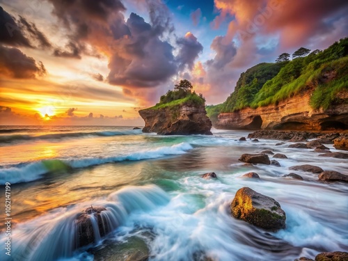 Stunning Long Exposure of Watulumbung Beach, Gunung Kidul, Yogyakarta, Indonesia - Serene Rock Formations and Gentle photo