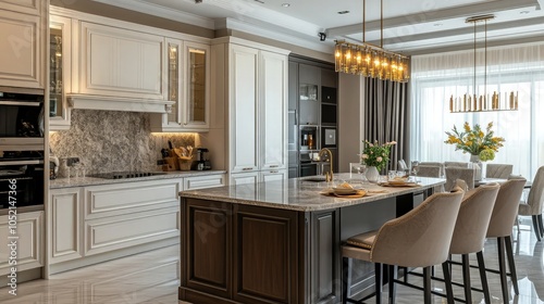 Beautiful kitchen interior with new stylish furniture. Real kitchen with an island. Modern interior in luxury house.