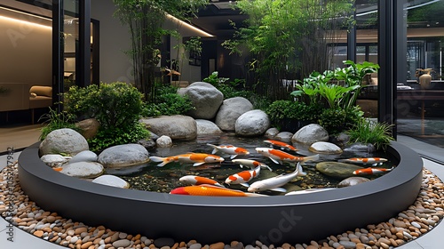 A small, circular koi pond surrounded by rocks, plants, and a modern home.