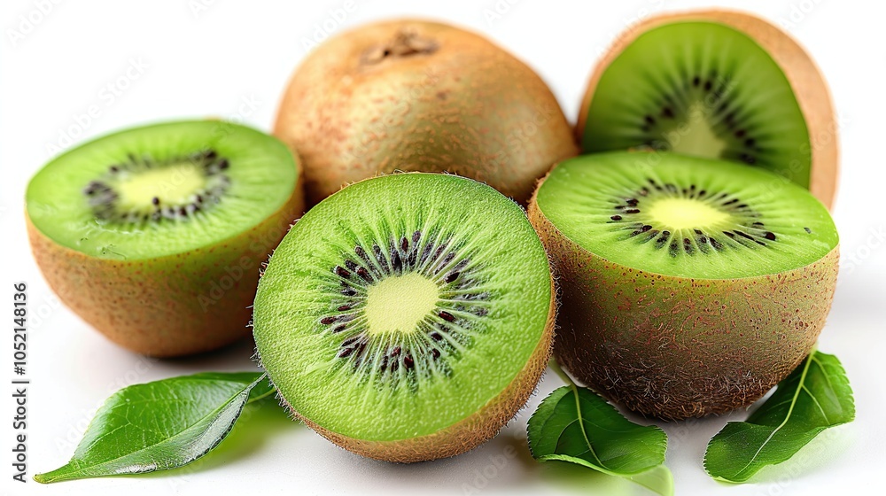 Fototapeta premium Close-up of fresh green kiwi fruits with leaves on a white background.