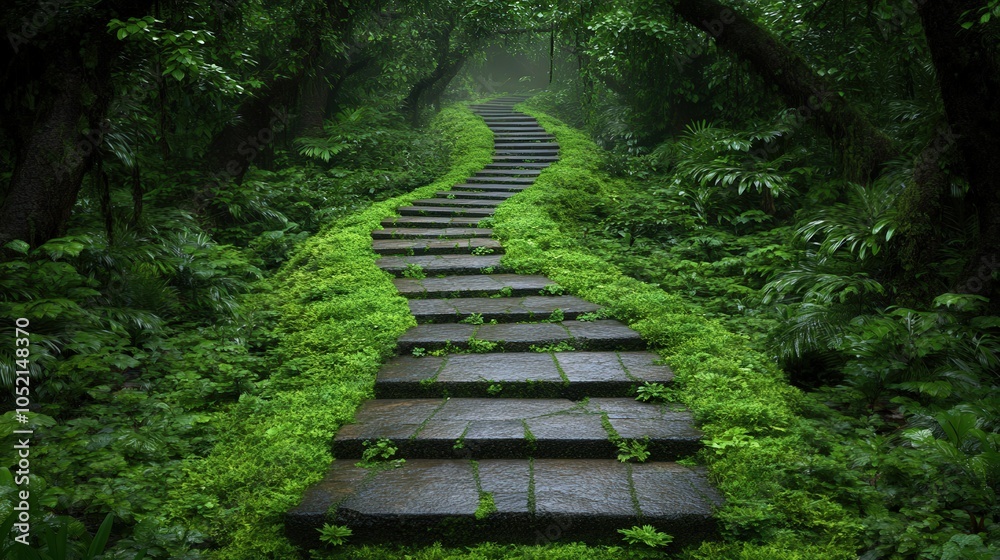 Fototapeta premium Stone Steps Leading Through Lush Green Foliage in a Forest