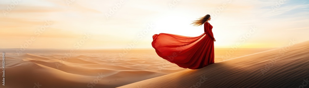 A woman in a flowing red dress stands gracefully on a sand dune, illuminated by the warm glow of a sunset. A woman in a flowing red dress stands gracefully on a sand dune, illuminated by the warm glow of a sunset.