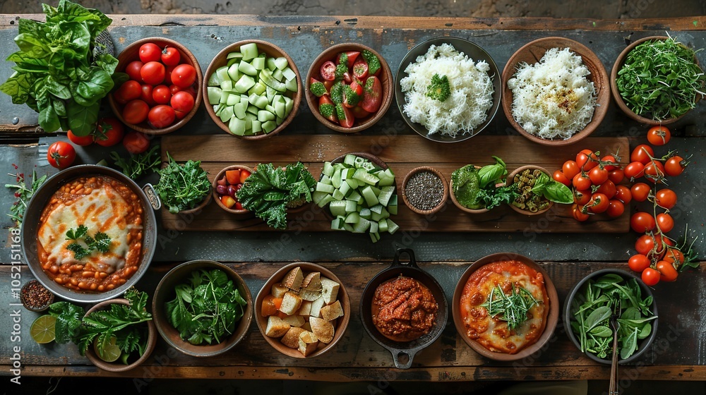 A rustic wooden table filled with an assortment of food, including a lentil stew, fresh salad, and rice, arranged in a visually appealing display. A rustic wooden table filled with an assortment of food, including a lentil stew, fresh salad, and rice, arranged in a visually appealing display.