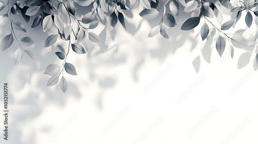 Soft Gray Leaves Cast Shadows on a White Background Soft Gray Leaves Cast Shadows on a White Background
