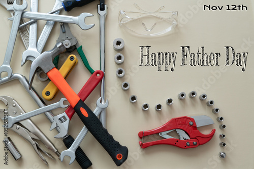 Happy Labor Day or Happy Father's Day setup concept with copy scape; Blue collar worker everyday tools combined  photo