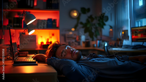 Man Sleeping on Desk in Off...