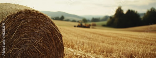 Hay Bale in Field, close-up of textured hay bale, vast field backdrop, distant farm equipment hinting at agricultural life photo